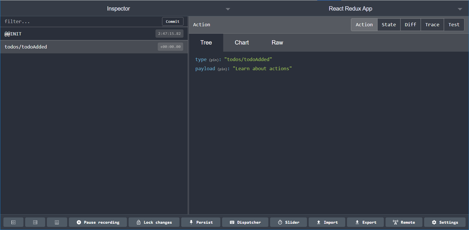 Redux DevTools Extension: action tab